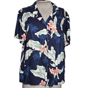 Caribbean Joe Navy Blue Floral Hawaiian Shirt Size Large
